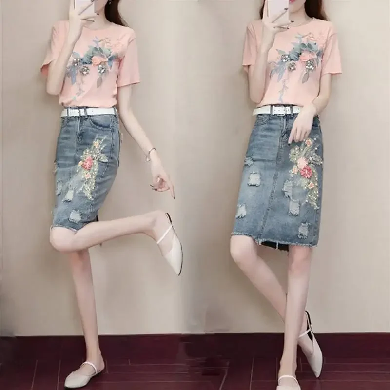 Cute Ripped Woman Denim Skirt Tight Midi To Knees Length Jeans Skirts for Women with Pocket Kawaii Wrap High Waist Cheap Casual