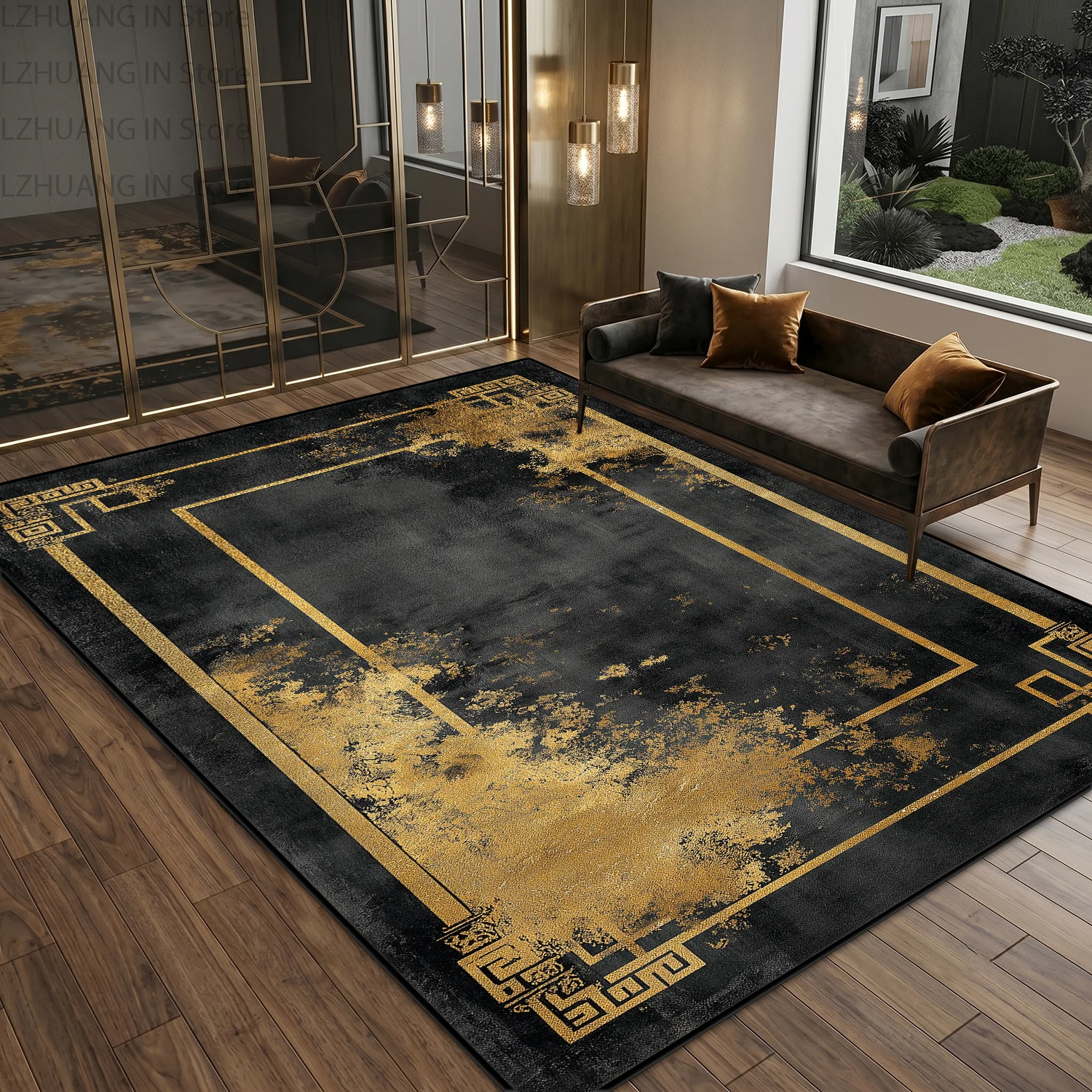 Black Gold Light Luxury Splashed Ink Style Washable Rug Decoration Home Antiskid Carpet Big Area Short Velvet Foldable Foot Mats