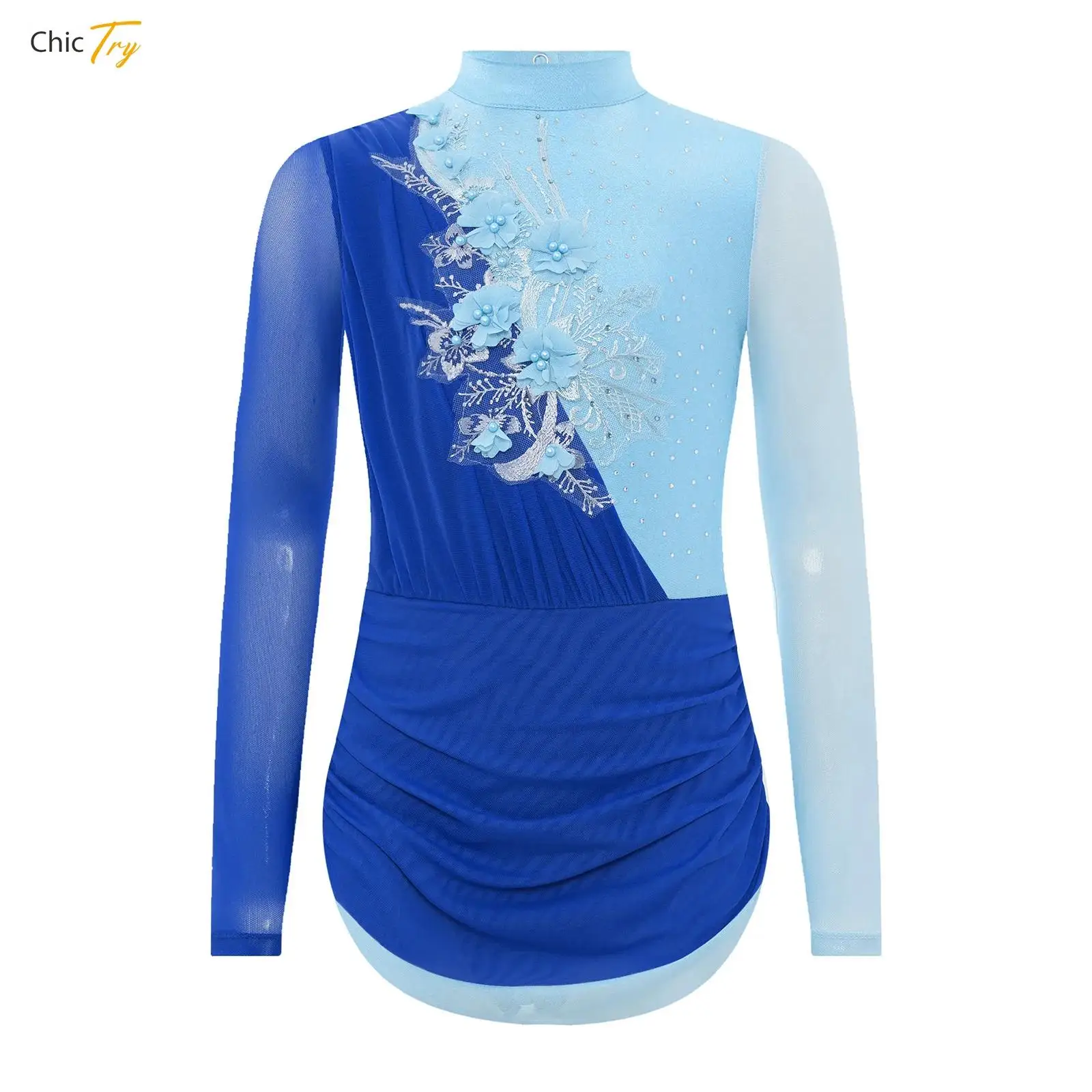 

Kids Girls Long Sleeve Rhinestones Gymnastics Leotard Sheer Mesh Figure Skating Dress Ballet Lyrical Dance Performance Costume