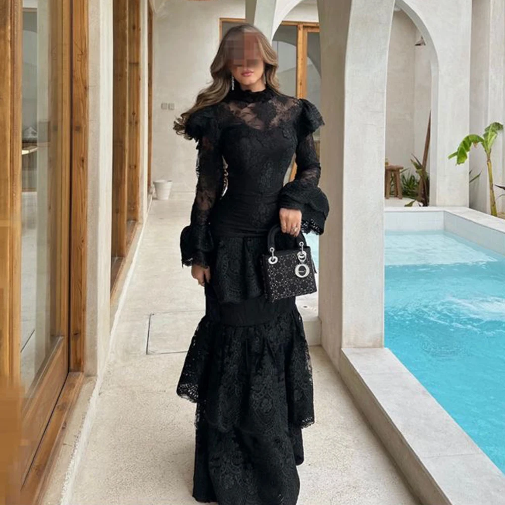 

Индивидуальное черное кружевное вечернее платье с многоярусными длинными рукавами, высоким воротником, силуэт «русалка»/«труба», с эффектом иллюзии, женское платье для выпускного вечера