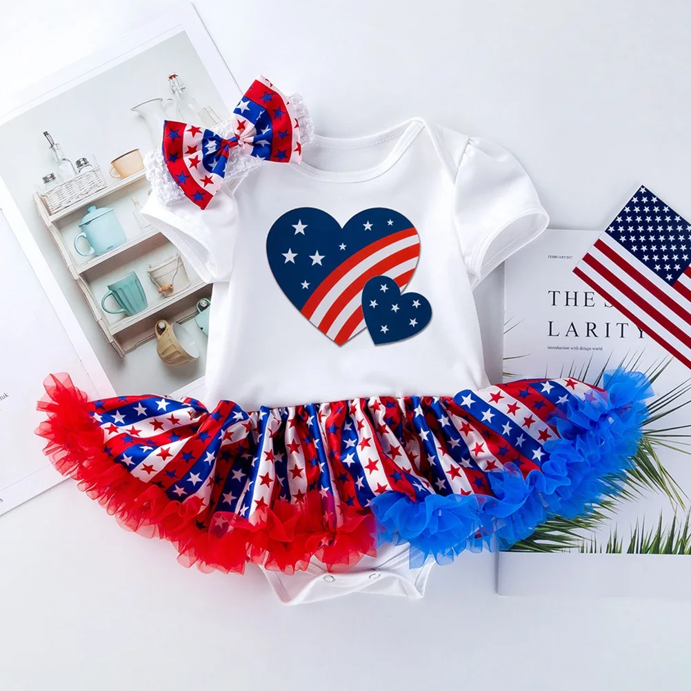 

Cute Short Sleeve Printed Romper Dress With Lace Trim Ruffle Tulle Baby Girl Patriotic Costume For 4Th Of July Independence Day