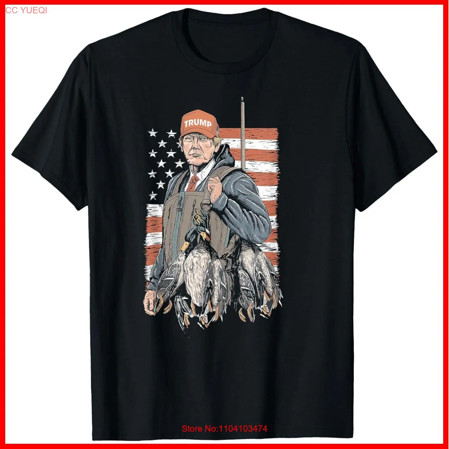 Duck Hunting Trump Camo Hello Hunting Season US Flag Black Cotton T-Shirt S-5XL