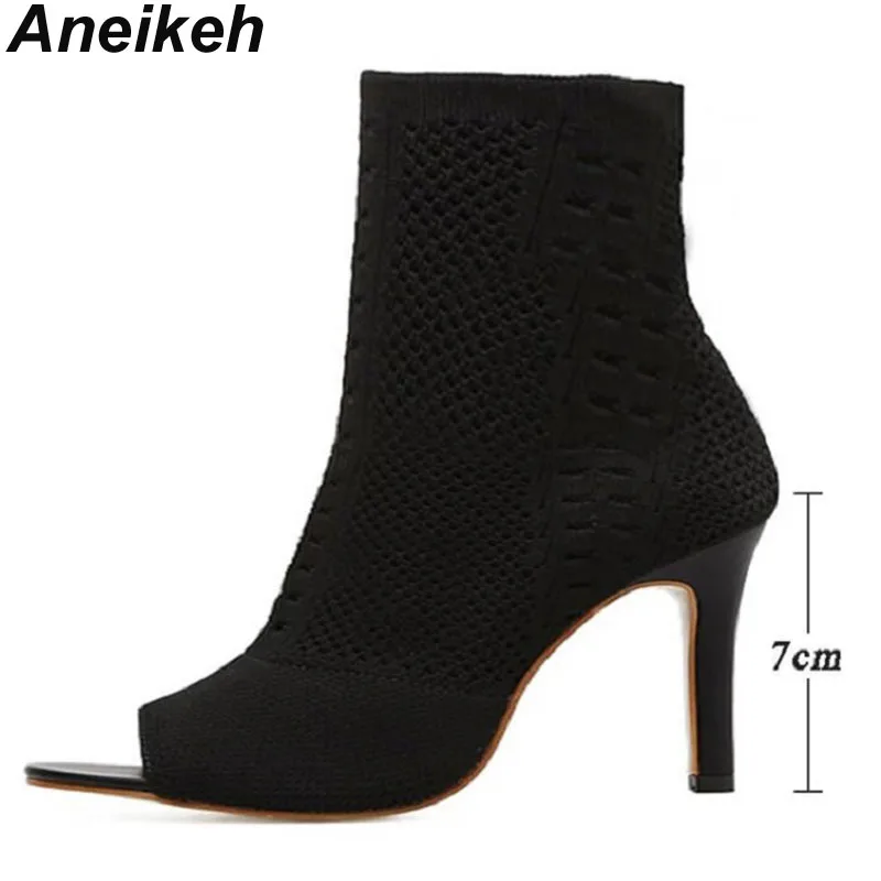 Aneikeh 7cm High Heels Ankle Boots Women Peep Toe Knitted Stretch Fabric Booties Sexy Cut-Out Stilettos Pole Dancing Pumps Shoe