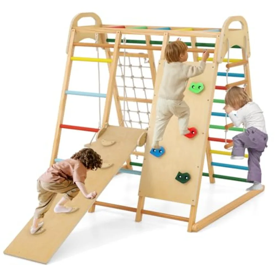 

Indoor Jungle Gym 8 in 1 Montessori Indoor Playground Climbing Playset for Toddlers with Slide Swing Net Monkey Bars Rope Ladde