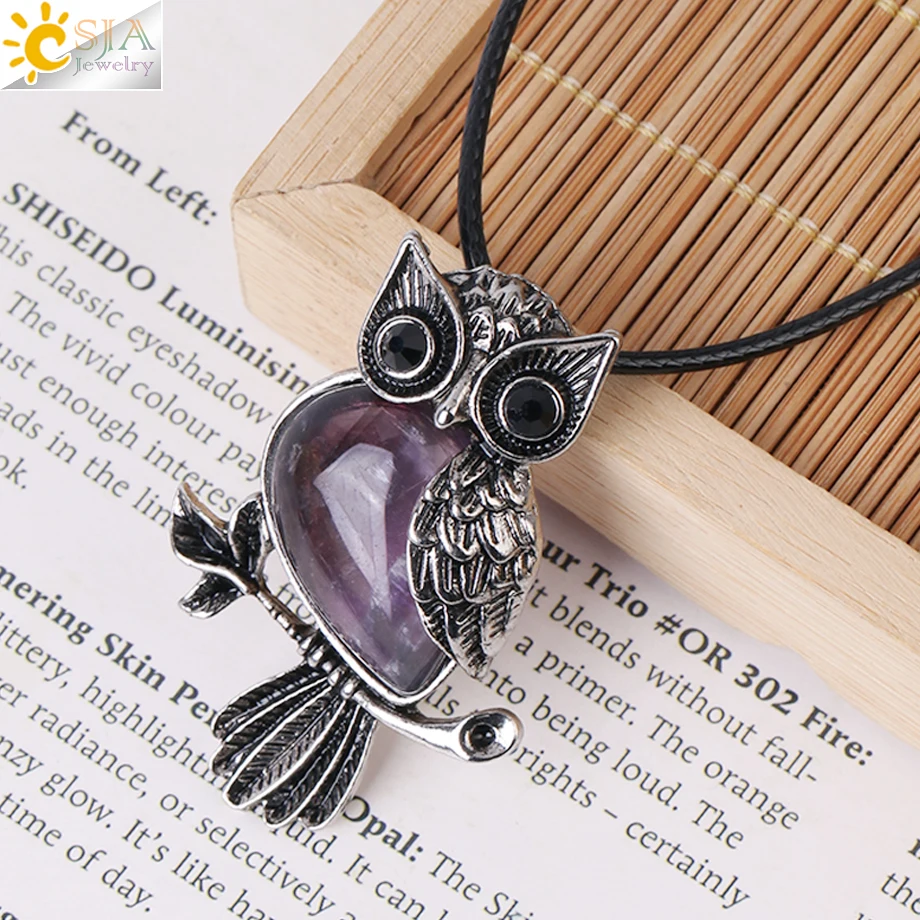 CSJA الحجر الطبيعي قطرة الماء قلادة قلادة للنساء Amult البومة الحيوان شفاء الوردي كريستال الخرزة مجوهرات الرجال القلائد H157