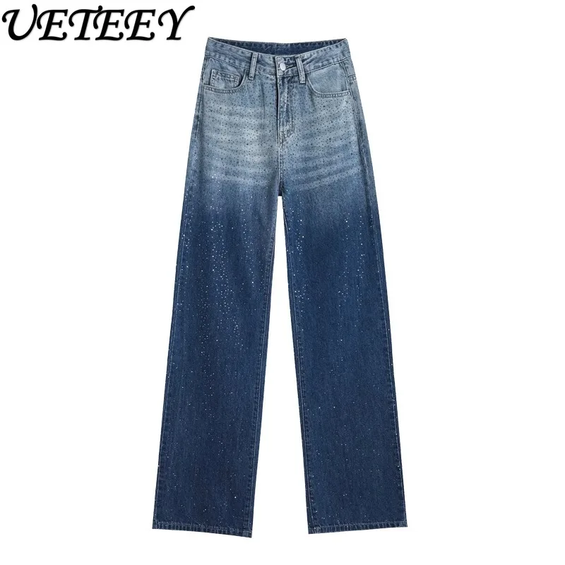 

Gradient Rhinestone Wide-Leg Jeans for Women 2023 Summer New High Waist Straight Denim Pants Draping Effect Mop Baggy Pants