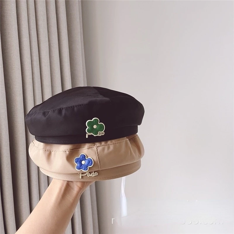 

2022 New Baby Girls Cute Little Flower Children Navy Hat Baby Flat-top Beret All-match Fashion Cotton Solid Color Hats