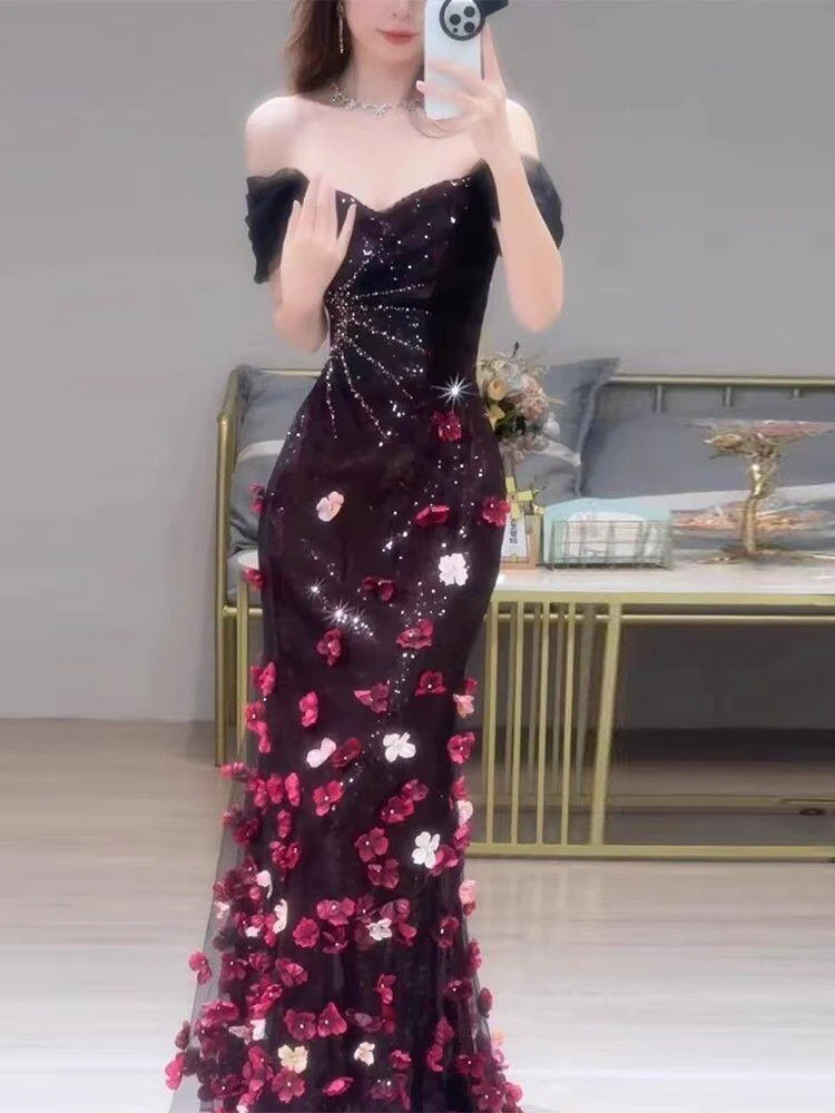

off-Shoulder Toast Dress Bride Wine Red Banquet Host High-Grade Fishtail Engagement Evening Flower Sequins