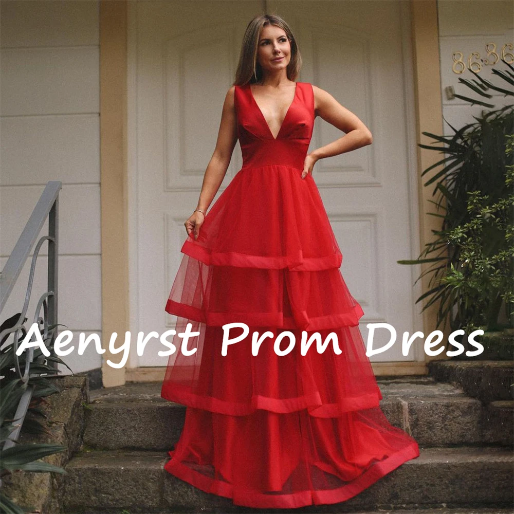 Aenyrst-V Profundo Neck A Linha Vestidos de Noite, Tule Camadas Spaghetti Strap, Até o Chão Prom Gown, Vestido de Festa de Natal, Elegante, Vermelho