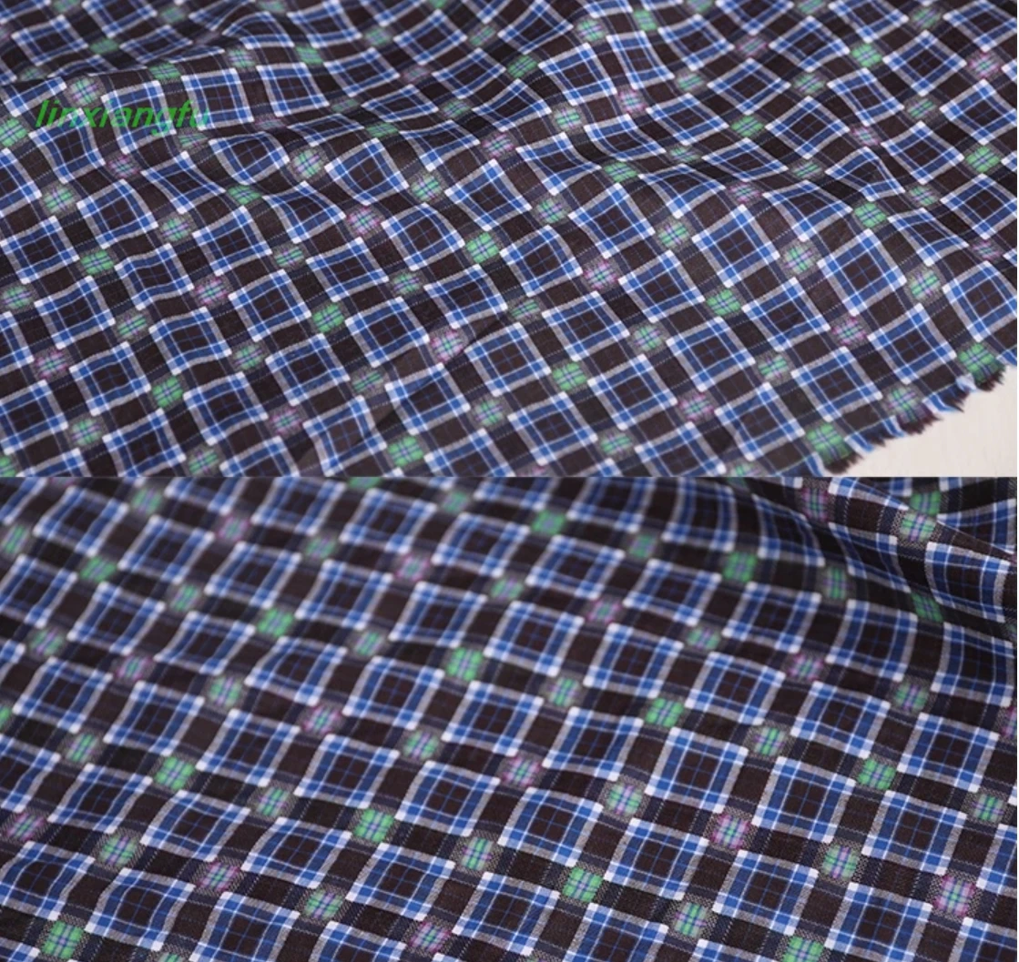 Thin retro green blue brown white variegated fabric, jacquard plaid cotton designer fashion fabric.