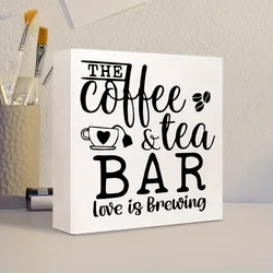 1pcs, Coffee and Tea Bar Love Brewing Wood Box Sign, Rustic Wood Block Sign for Kitchen Coffee and Tea Bar Desk Shelf Decor