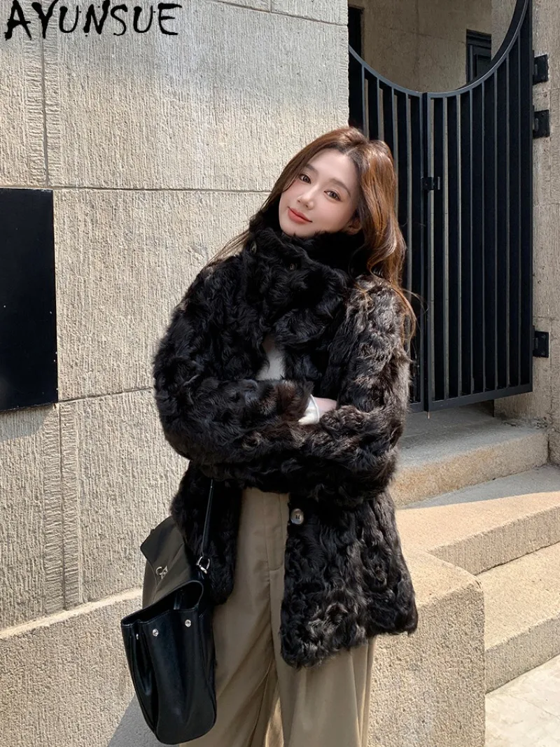 AYUNSUE 2025 New Shearling Jacket Woman Mid Length Natural Wool Coats for Women Clothing Fashion Warm Outerwears Abrigo Mujer
