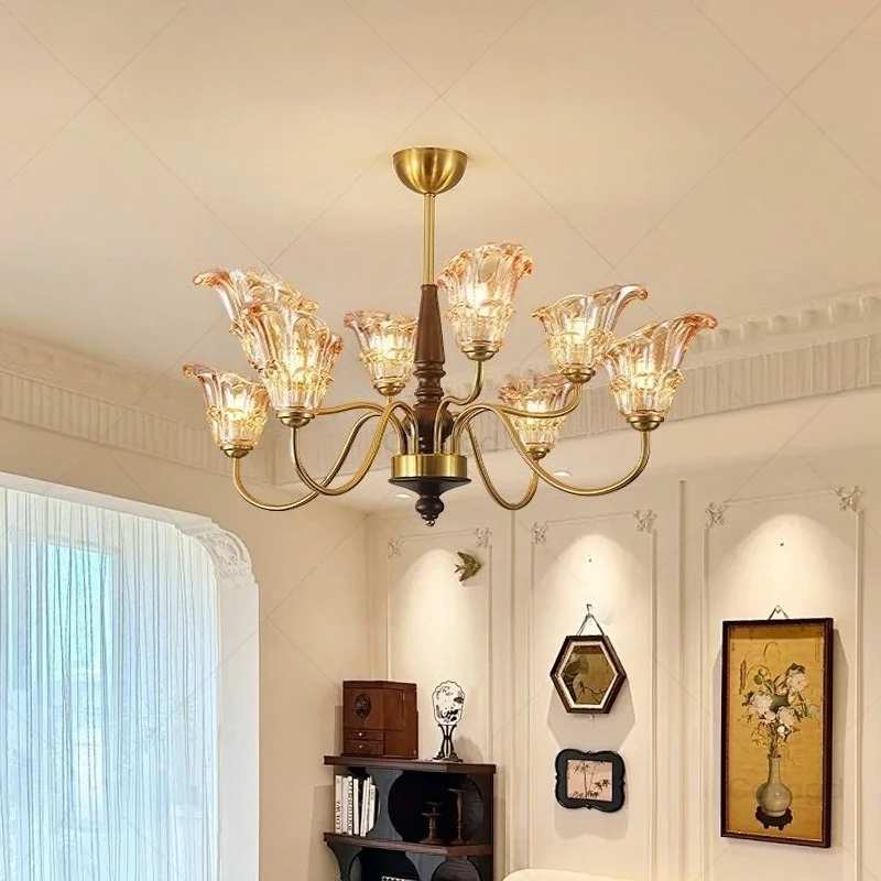 Mid Ancient Style Foyer Ceiling Chandeliers LED Lights Tulip Flower Glass Lampshade French Retro Solid Wood Master Bedroom Lamps