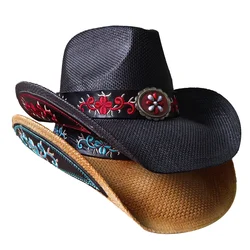 Black Thickened Western Cowboy Straw Hat Embroidered Decal 2024 Cowboy Hat Sun Hat Spring/Summer Sombrero Homebre