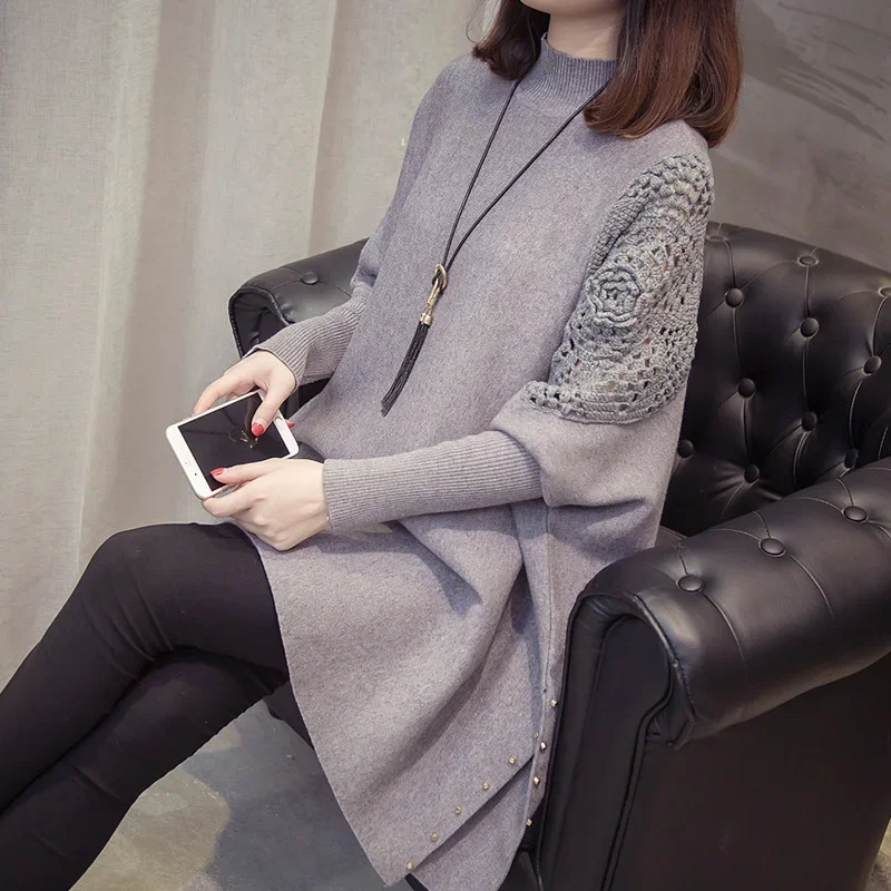 2023 Autumn And Winter New Loose Sweater Coat Women\'s Half-high Collar Pullover Wrap Swing Beading