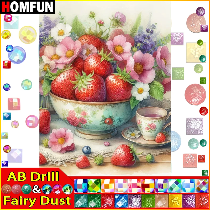 HOMFUN フェアリーダスト AB ダイヤモンド絵画「イチゴの花」5D DIY ダイヤモンド刺繍フルスクエア/ラウンドラインストーンの画像