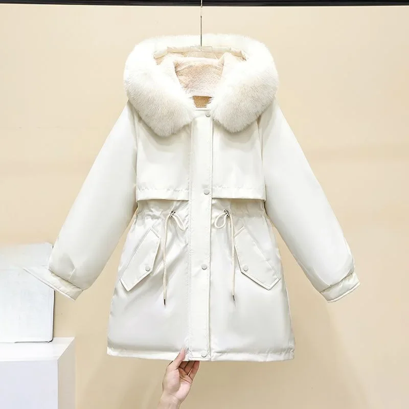 

Women's Fashion Winter Clothes Elastic Waist Design Korean Style Warm Coat Thickened Fluffy Collar down Cotton Jacket