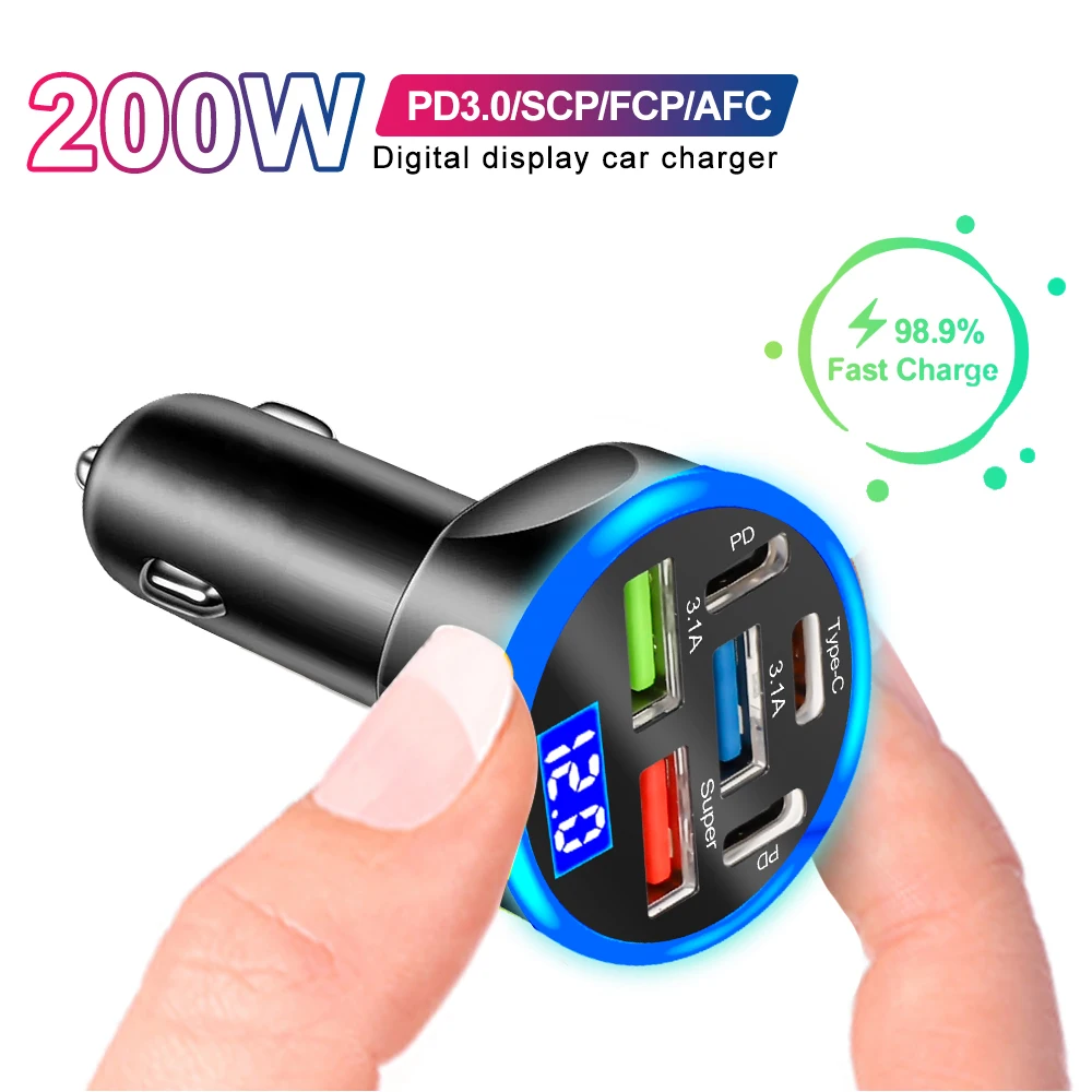 شاحن هاتف للسيارة لهاتف آيفون ، وسامسونج ، وهواوي ، وشحن سريع ، ومحول USB من النوع C ، PD ، و QC3.0 ، و W ، و 6 منافذ