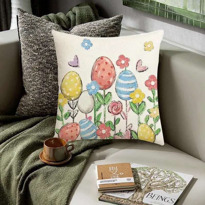 Fundas de almohada de huevo de Pascua, funda de almohada cuadrada decorativa de 18x18 pulgadas, funda de cojín elegante para decoración del hogar, fundas de almohada de lino para granja