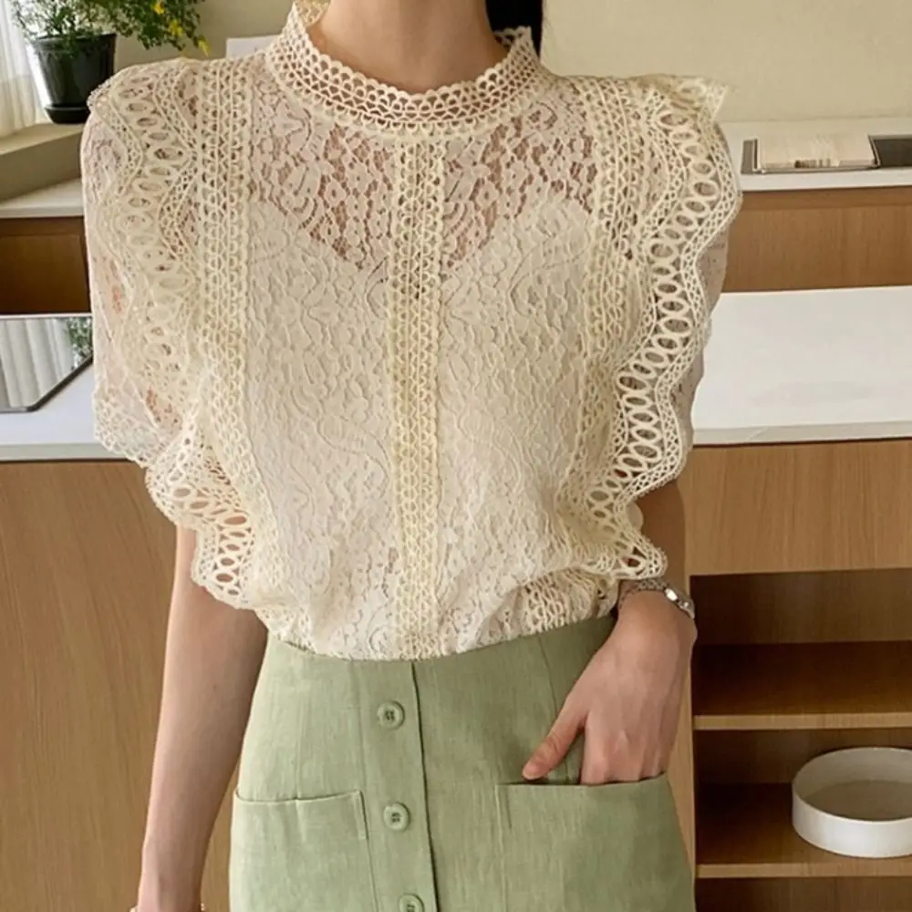 

Elegant Sweet Short Sleeve Lace Shirts Round Neck Chic Lace Blouse Women All-match Loose Hollow T Shirt Vacation