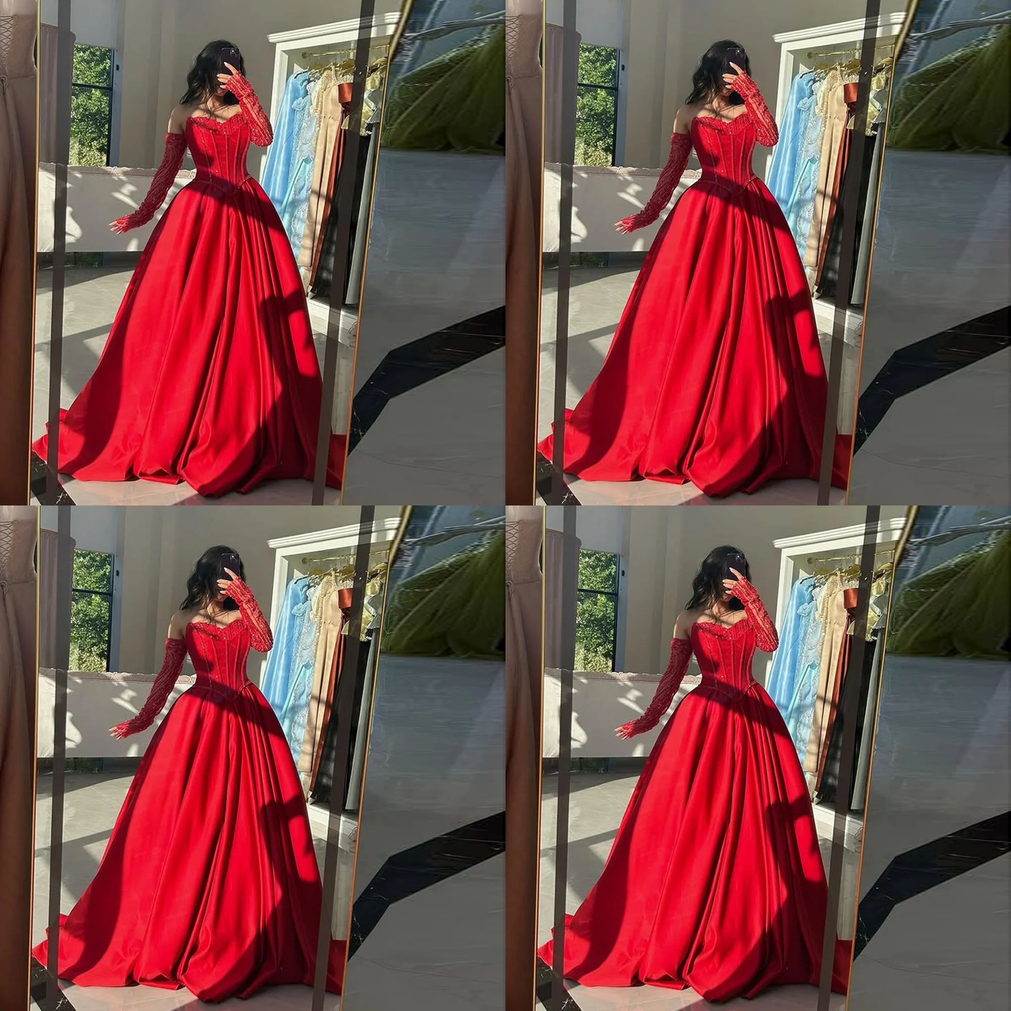 

Off Shoulder Beaded Corset A-line Backless Evening Party Dress Long Satin Simple Bridesmaid Gown with Train Customized