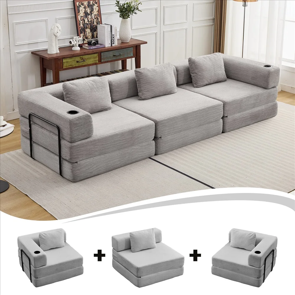 Cord-Modulsofa Frei Kombinierbare Wandelbare Eckcouch mit Getränkehaltern Übergroße Chaiselongue für Wohnzimmer – Detail 5