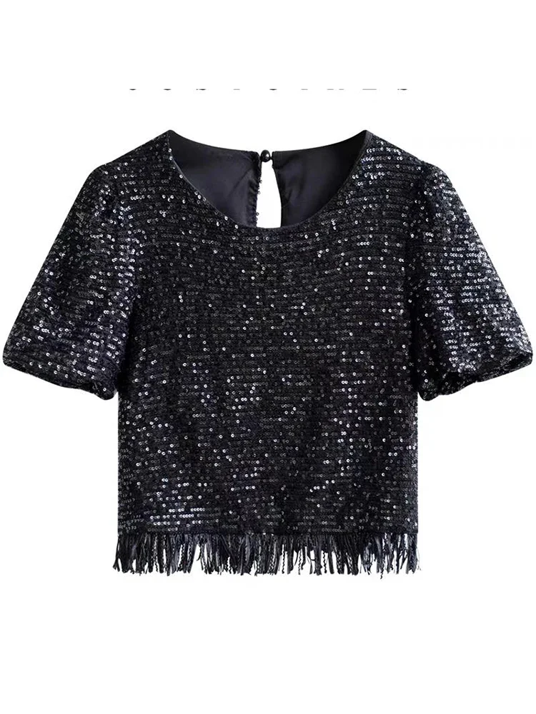 Womens Tops O-Neck Puff Sleeve Tassel Sequins Loose T Shirt Shiny Apricot French Slim Designer Top Female Fashion 2023