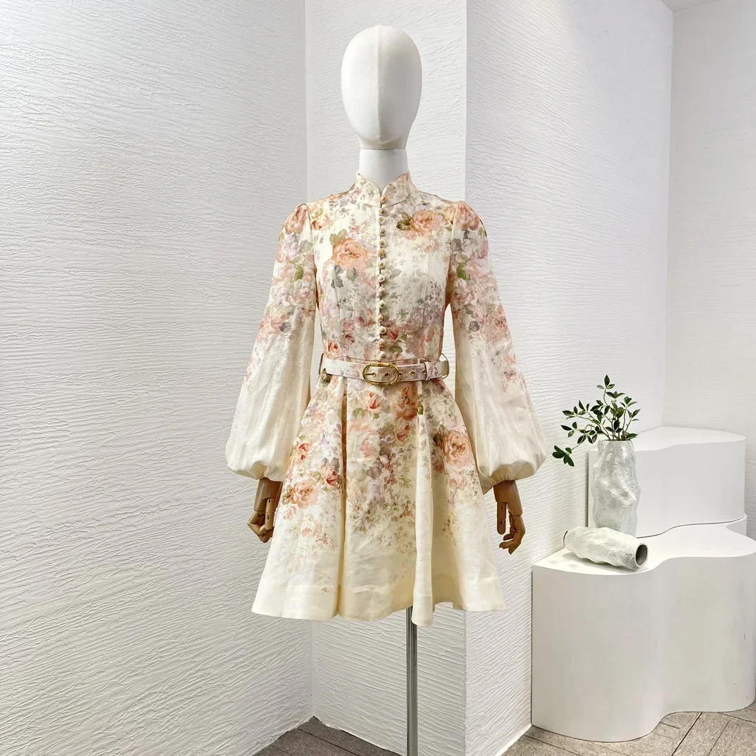 

Linen New 2024 Floral Print Summer Fall Collection Women Full Lantern Sleeve Belted Elegant Buttons Mini Dress for Holiday