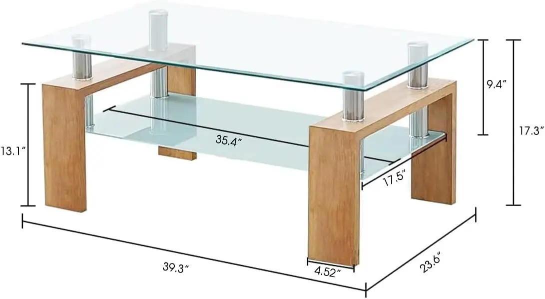 Стеклянный журнальный столик для гостиной, современный двухуровневый центральный стол с местом для хранения вещей, акцентная мебель для домашнего офиса, внутренний декор, дуб