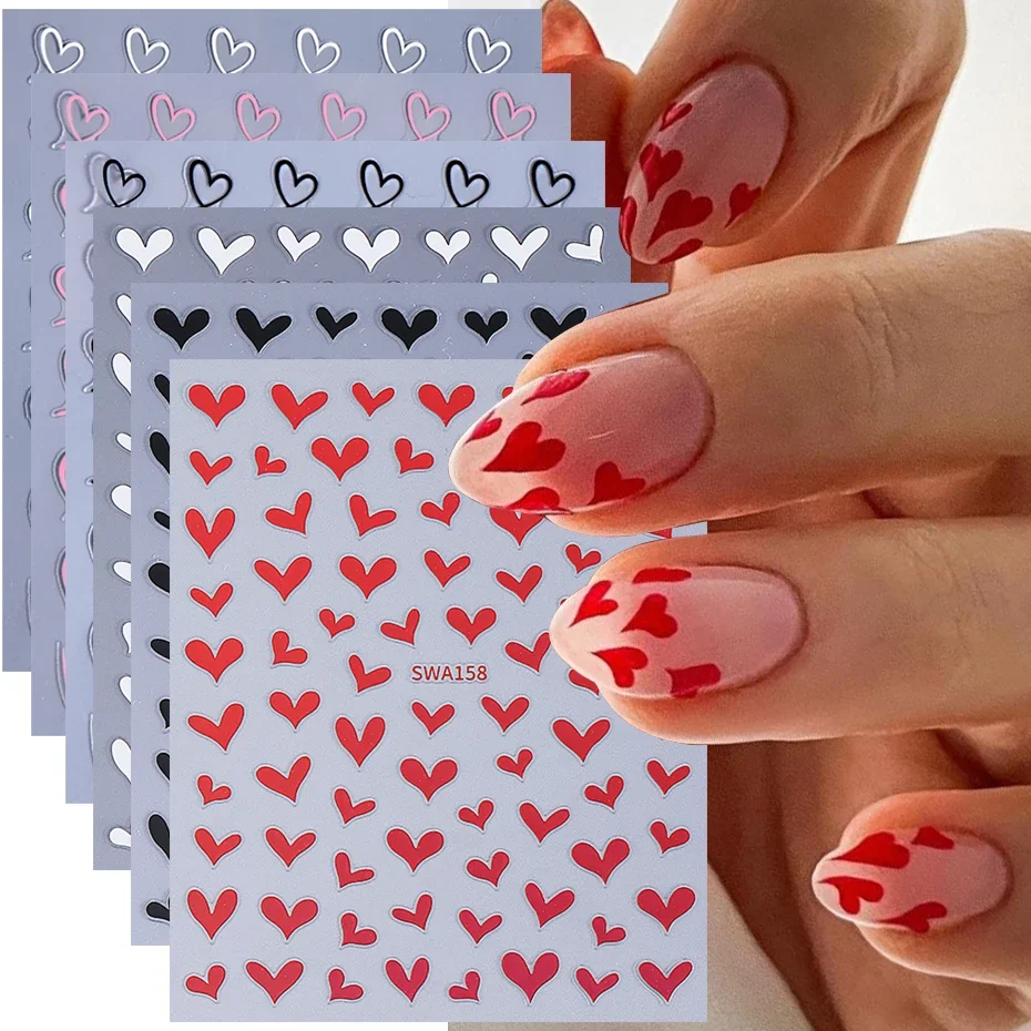 6 Stück Valentinstag Liebe Herz Nail Art Aufkleber Schwarz Weiß Rot Pfirsich Herz Linien Nagel Aufkleber DIY Romantische Maniküre Dekoration