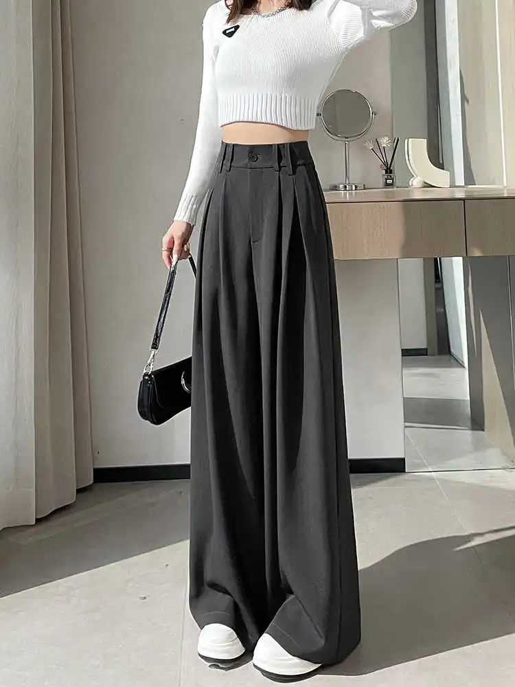 Black High Waist Draped Straight Leg Suit Pants for Women Spring Autumn 2025 New Style Elegant Slimming Wide Leg Trousers