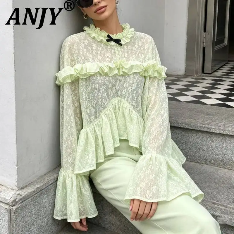 

ANJY Новая женская элегантная блузка с кружевными оборками и пэчворком, дизайнерская, с длинным рукавом, модная, стильная, A22588
