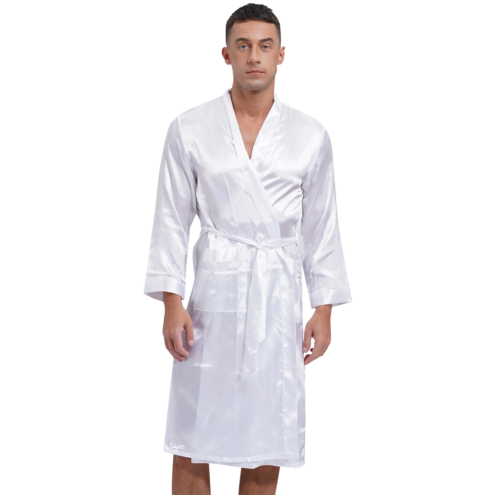 Men Satin Ice Silky Kimono Robe Nightwear Luxury Lightweight Bathrobe Long Sleeve Open Front Sleepshirts with Waist Belt Pajamas