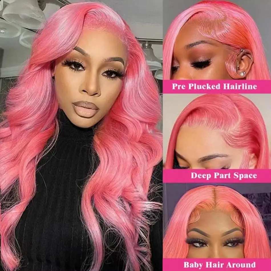 13X6 Pink Lace Front Wig Human Hair 100% Body Wave Transparent Hd Lace Frontal Colored Wig 13X4 30 Inch Brazilian Wigs For Women