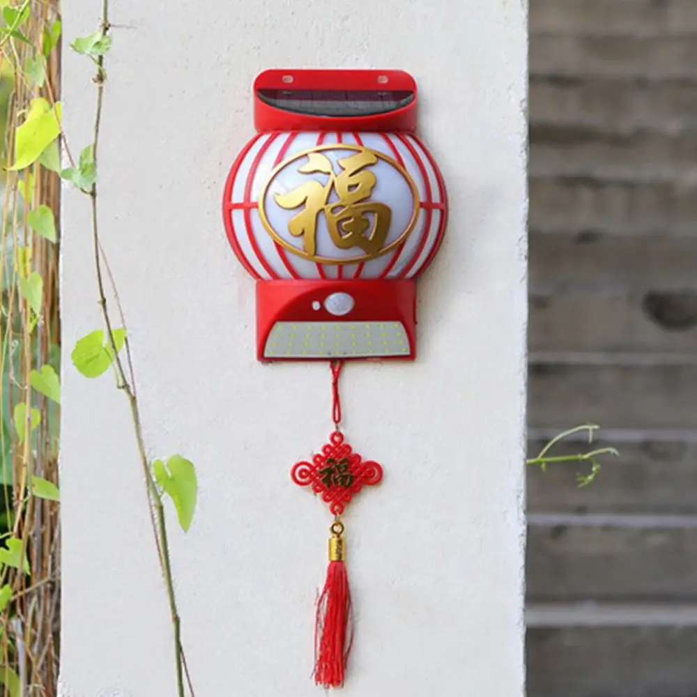 Glowing Solar Fu Character Wall Lamp Handmade Red Chinese Fuzi Lamp Traditional Tassel Pendant New Year Decorative Light Home