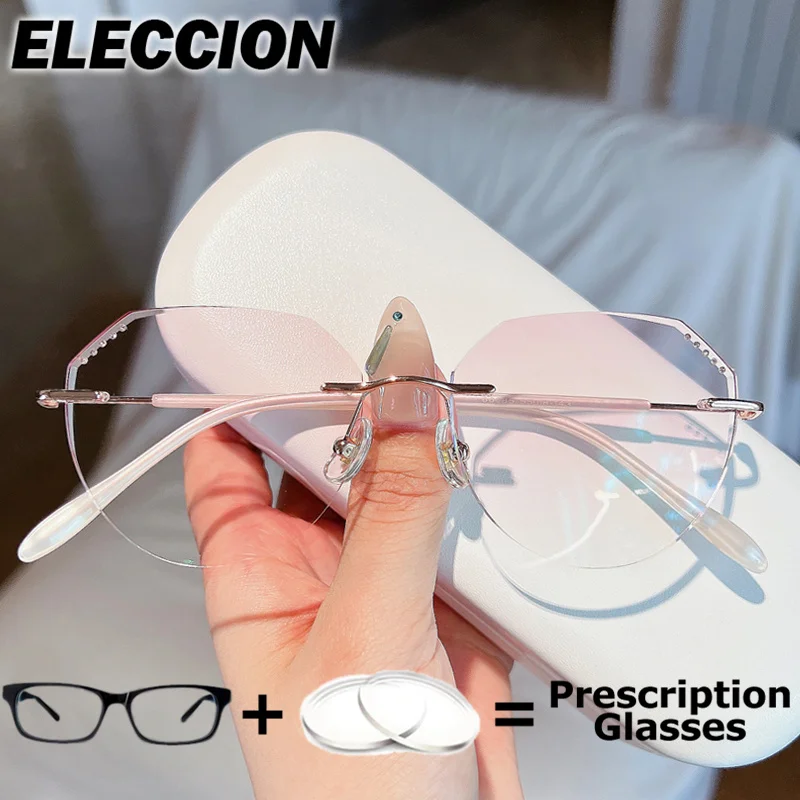 

ELECCION Rimless Prescription Glasses Reading Glasses Women Presbyopic Eyewear Phone Blue Light Blocking Anti Fatigue Eyeglasses
