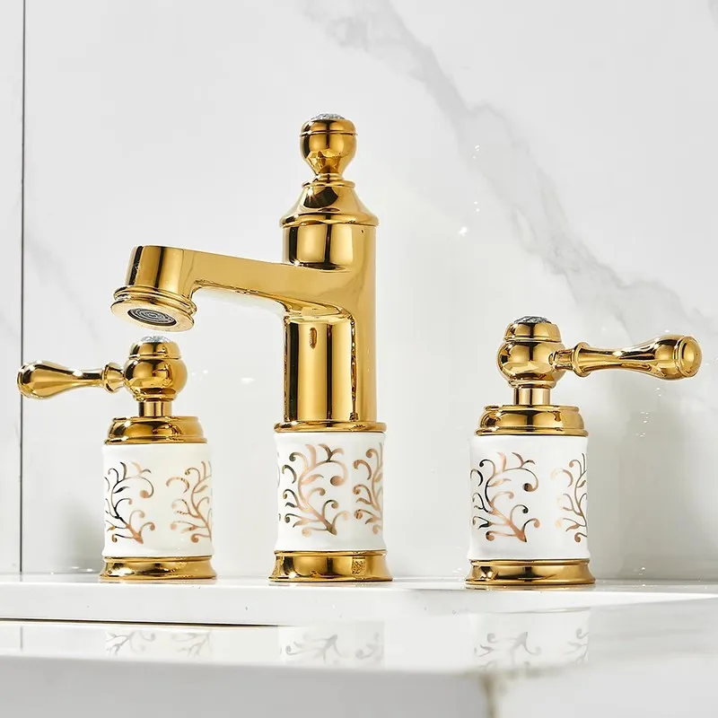 

Tuqiu Gold Ceramic Bathroom faucet widespread Brass Basin faucet Tap luxury Basin Mixer Hot And Cold shower room sink Faucet
