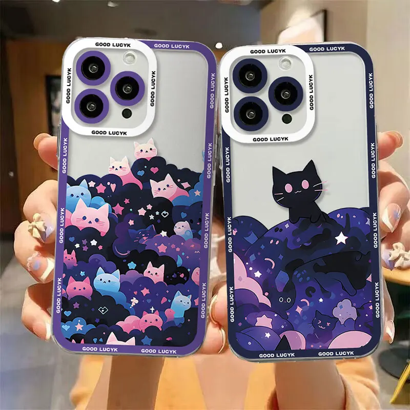 Cartoon Starry Sky Black Cat Phone Case For OPPO Reno 12F 12 7 11 11F 10 2F 4 8 8T 8Z 7Z 7 6Z 6 5 F21 Pro Plus 4G 5G Clear Soft