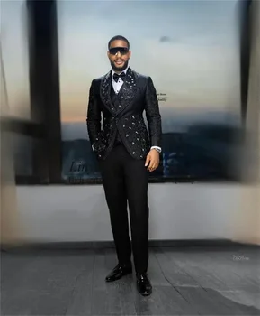 Eleganza Jacquard Perline Cristalli Abiti da uomo 3 pezzi Set Smoking da sposo da sposa Maschile Prom Party Blazer Costume personalizzato Homme