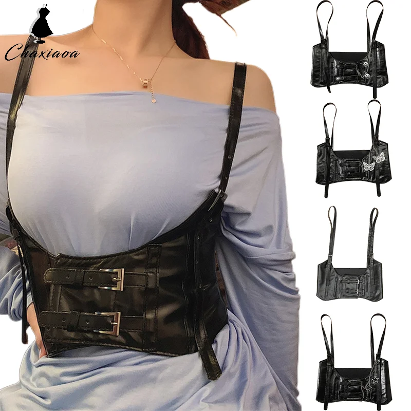 여성용 펑크 거들, 와이드 벨트, 빈티지 고딕 PU 언더버스트 코르셋 크롭 탑, 조절 가능한 조끼 허리 벨트, 더블 버클 신처