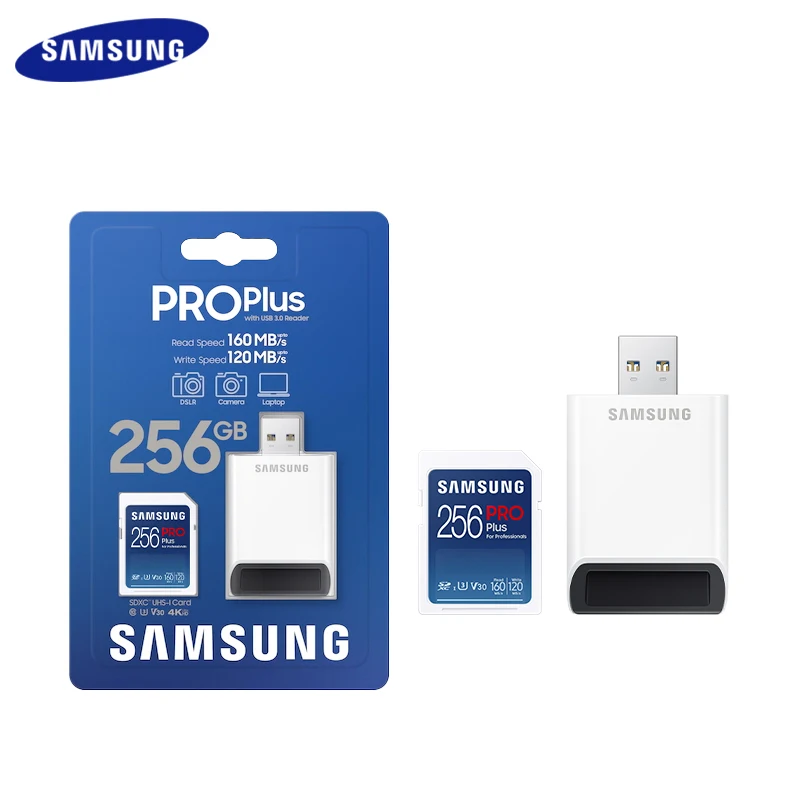 

SAMSUNG PRO Plus memory card with USB3.0 Reader 128GB 256GB SDXC U3 V30 High Speed up to 160MB/s SDXC Card UHS-I for Professions