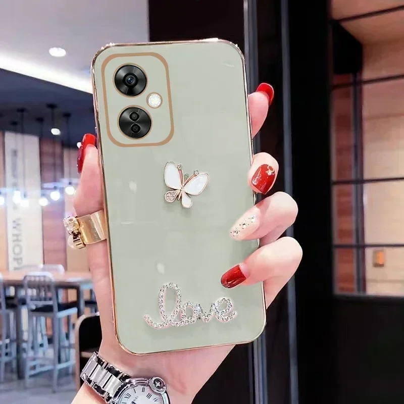 เคสโทรศัพท์หรูหราสําหรับ OnePlus Nord CE 3 Lite N30 5G Bling รักผีเสื้อชุบเลนส์กล้องป้องกันซิลิโคนอ่อนเต็มรูปแบบ
