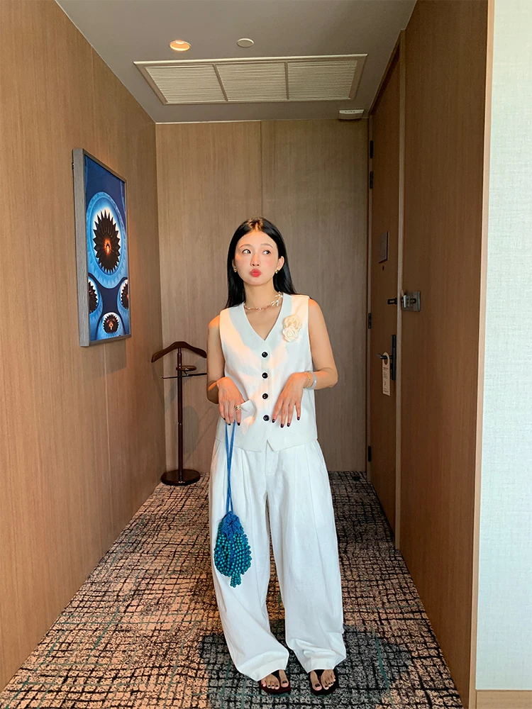 

White Set Unique Beautiful Early Spring Small Set ort Two Piece Set Vest Wide Leg Pants Faionable Women's Ensemble