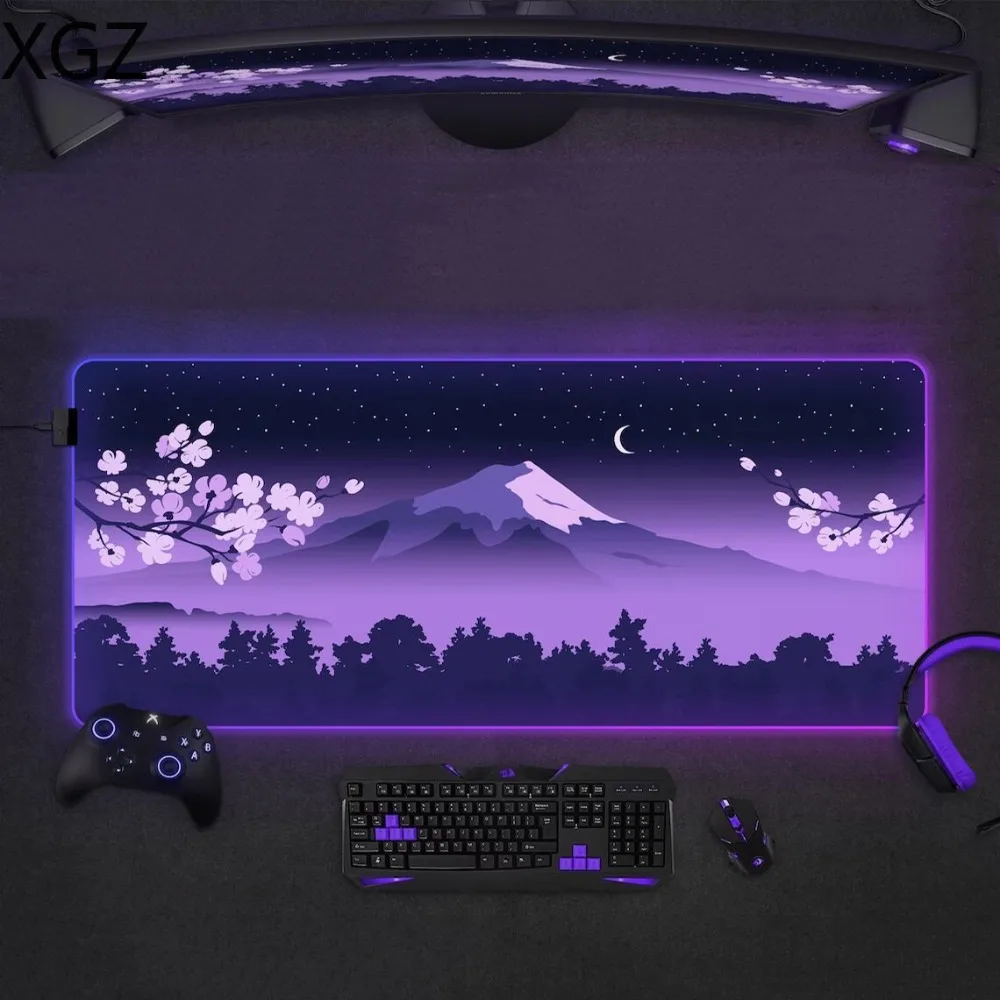 RGB Purple Mouse Pad Fuji Desk Mat Gaming Mousepad Japanese Night Pink Black Mountain Landscape XXL Large LED   Deskmat