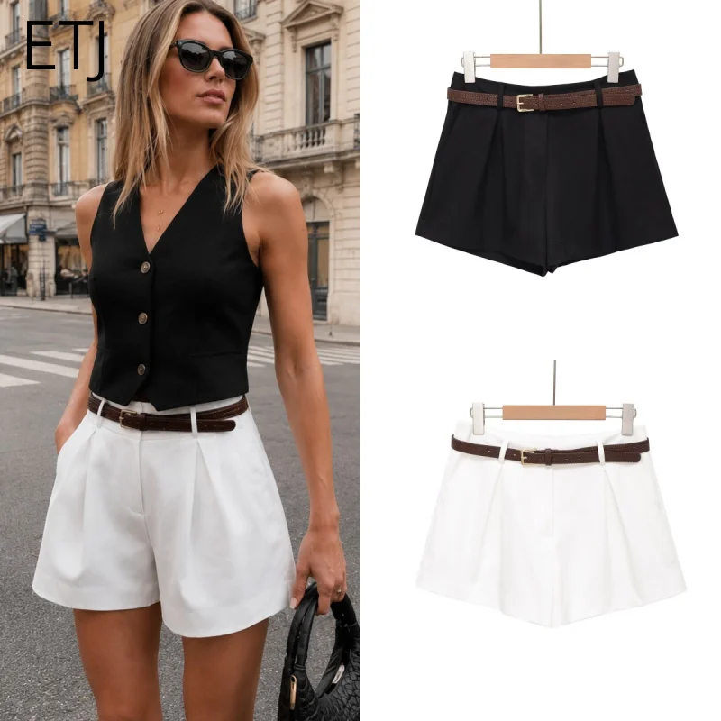 ETJ 2026 New Women’s High Waist Pleated Shorts with Belt Casual Loose Tailored White Summer Chic Mini Pants