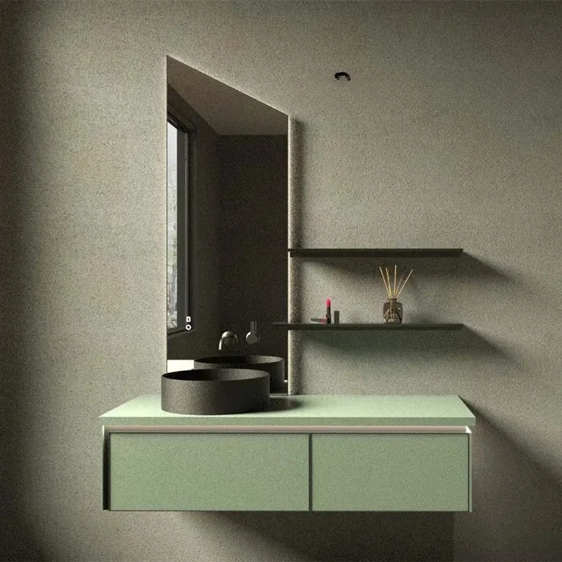 

Green bathroom cabinet combination Italian simple intelligent solid wood rock slab table basin washing table