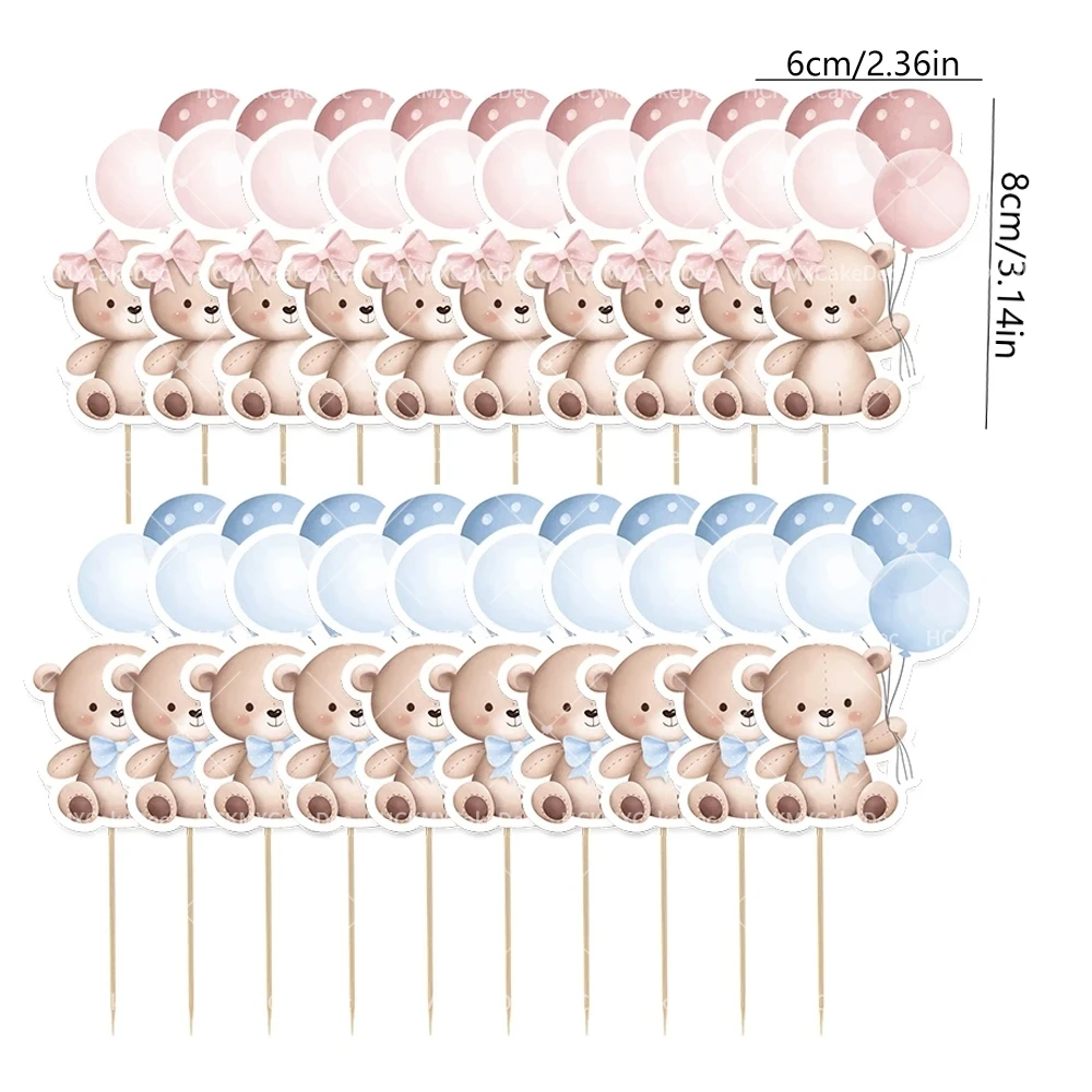 12er/24er-Set Teddybär-Cupcake-Topper, blau-rosa Ballonbär-Kuchenaufsätze für Babyparty, Geschlechtsoffenbarung, Geburtstagsfeier-Dekoration – Detail 6