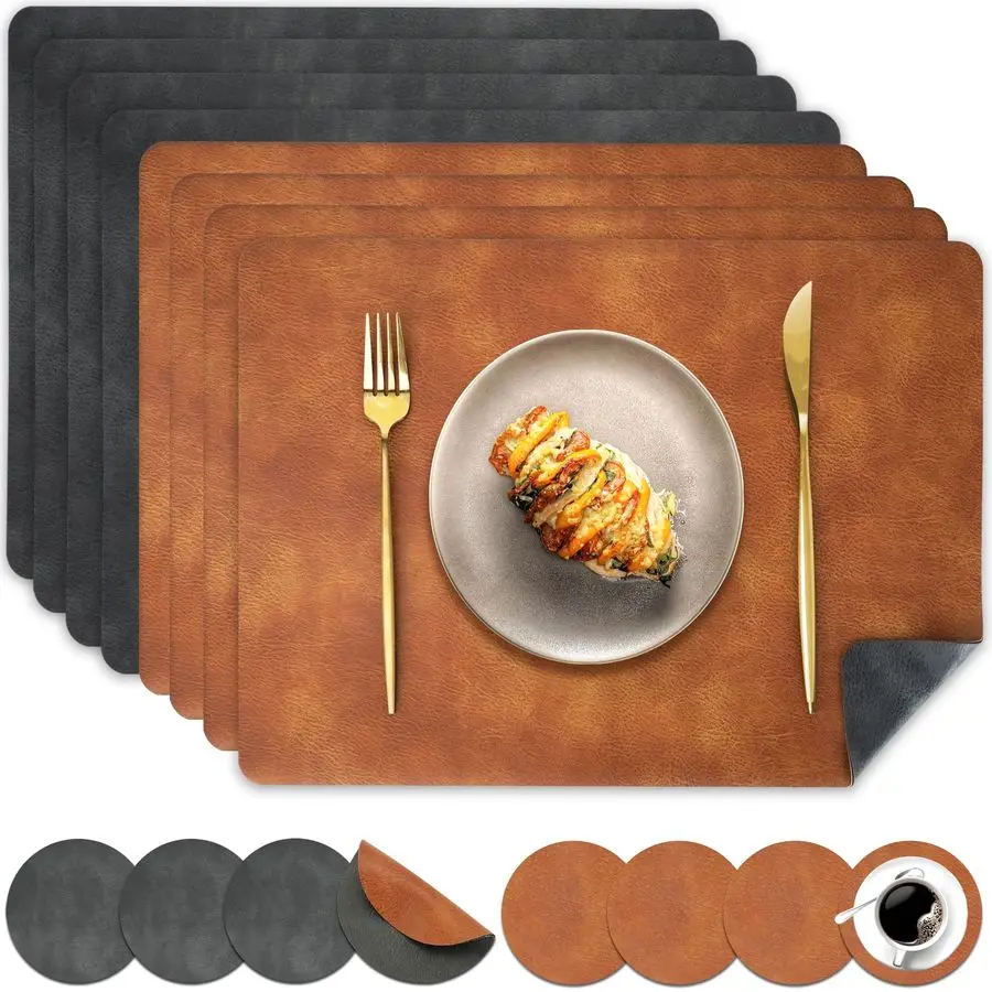 

Leather Placemats and Coasters, Washable Reversible Placemats Set of 8 Cowhide Pattern Place Mats Waterproof NonSlip Kitchen Din