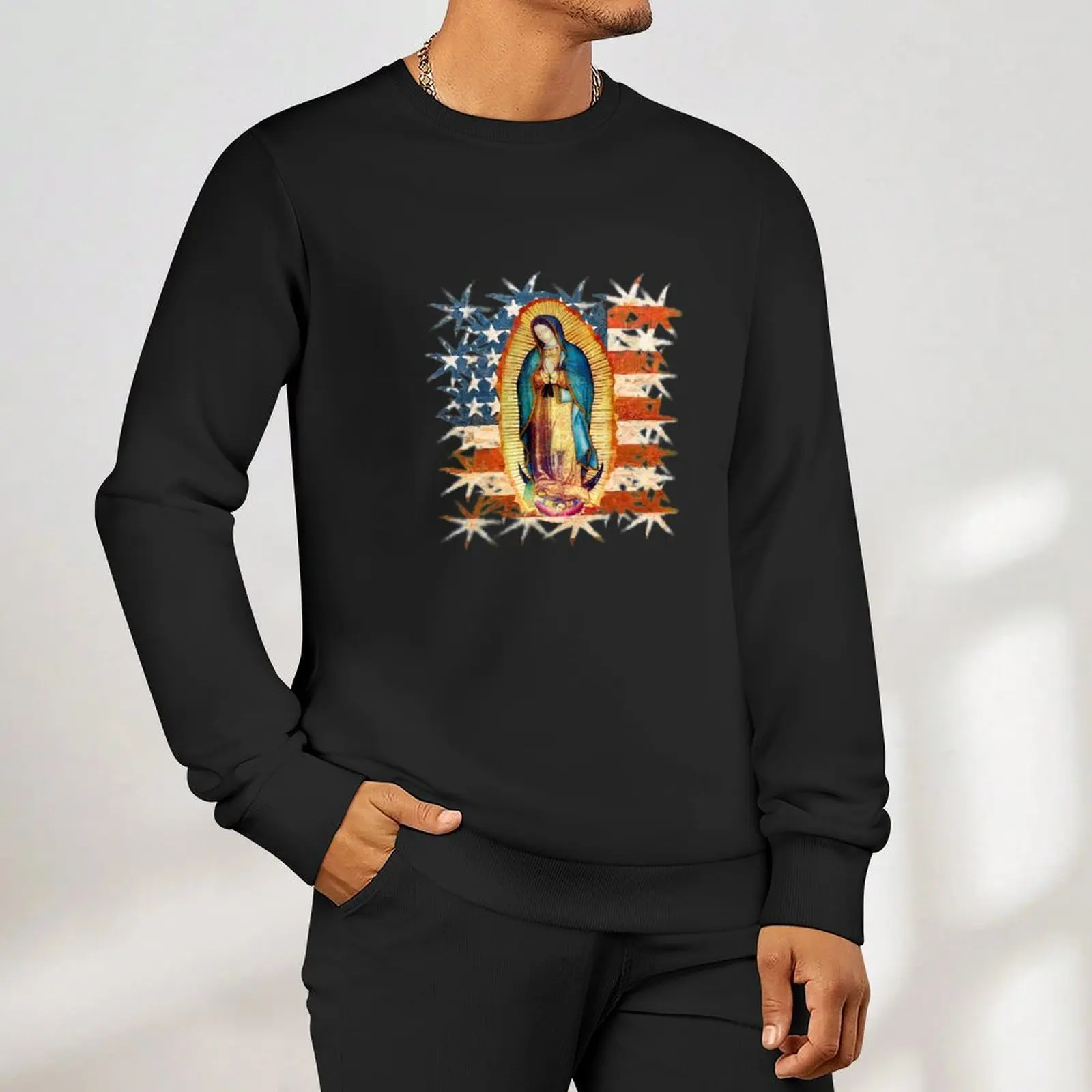 Our Lady of Guadalupe Mexican Virgin Mary USA United States Flag Mexico Catholic Pullover men's clothing sports sweatshirt man