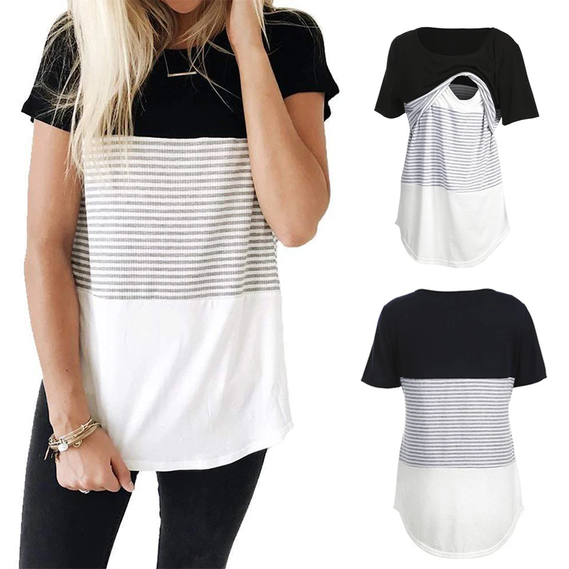 New S-2XL Plus Size Women Maternity Clothing Breastfeeding Tee Casual Nursing Tops Striped Short Sleeve T-shirt